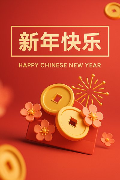 Festive Chinese New Year Banner with Coins and Flowers