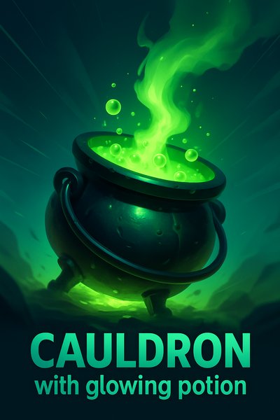 Dynamic Green Glowing Cauldron on Dark Foggy Background