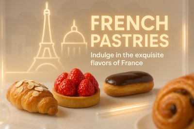 Delicious French Pastries Display with Iconic Landmark
