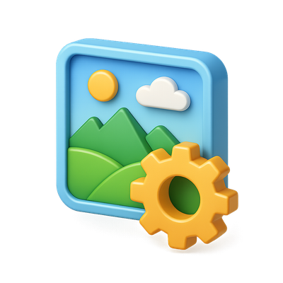 3D Gear Icon in a Vibrant Landscape Setting