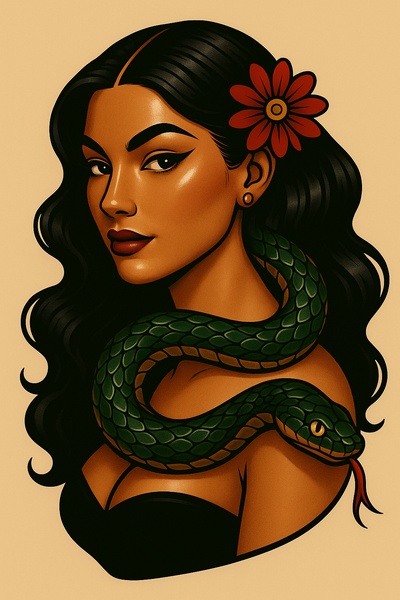 Glamorous Tattoo Style of a Woman with a Snake