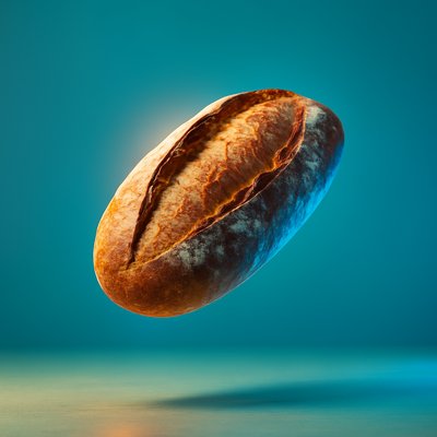Dynamic Realism of Floating Bread Against a Colorful Background