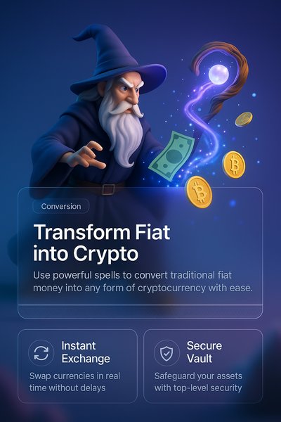 Wizard Casting Spell to Transform Fiat into Cryptocurrency