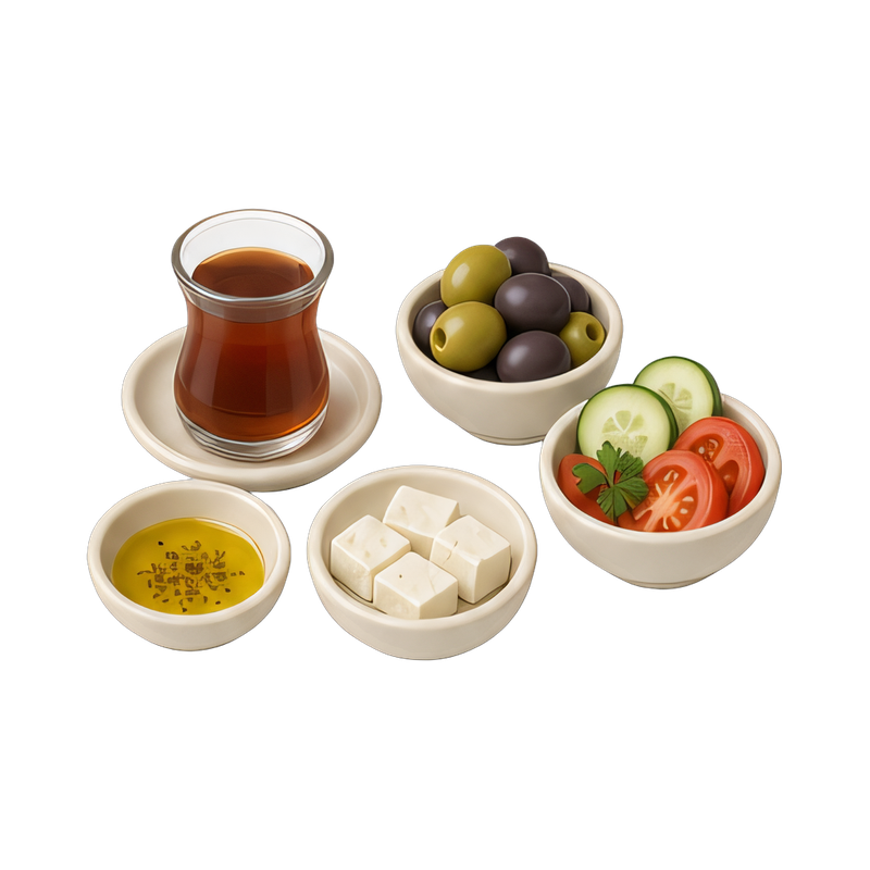 colorful small plates of Turkish breakfast
