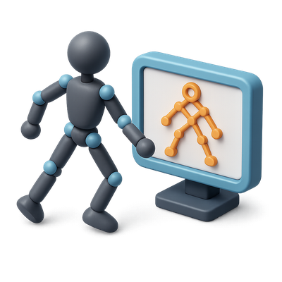 3D Motion Capture Icon Featuring Stylized Figure and Monitor