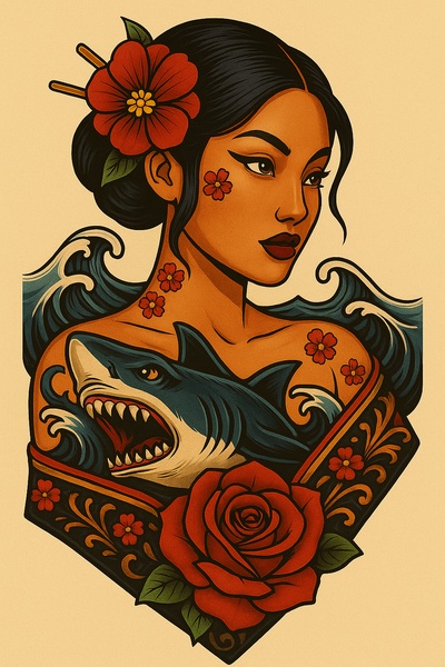 Stylized Tattoo Art of a Woman with Shark and Floral Elements