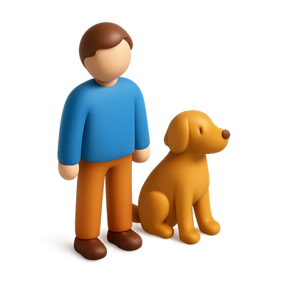 3D Icon of a Person Standing Beside a Dog in Isometric View