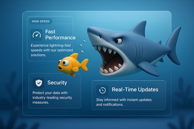 Dynamic Shark Illustration with Fish and Feature Blocks