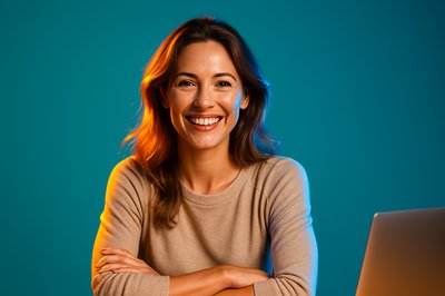 Happy Woman in Office with Colorful Background