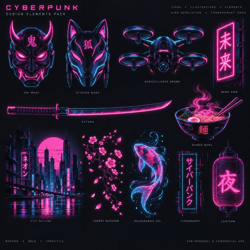 cyberpunk neon icon set