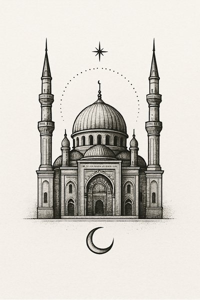 Intricate Line Art of a Mosque with Star and Crescent