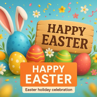 Colorful Easter Celebration Graphic with Eggs and Bunny Ears