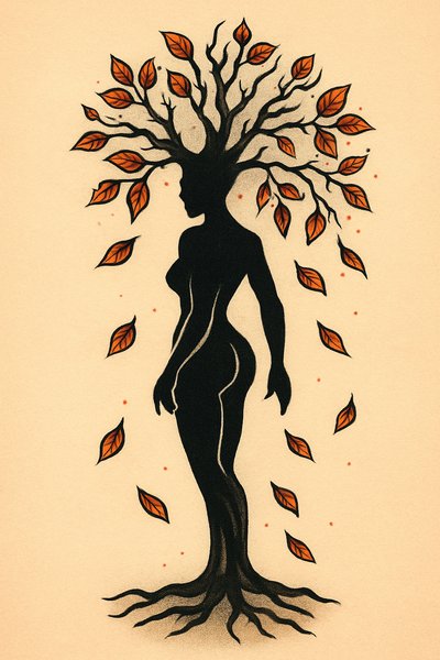 Stylized Tree Silhouette Tattoo Design with Falling Leaves