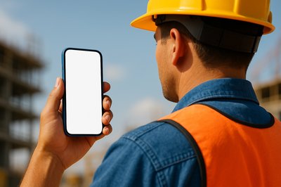 Construction Worker Holding Phone Against Building Background
