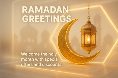 Ramadan Greetings Promotional Graphic with Lantern and Crescent Moon