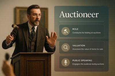Stylish Auctioneer Illustration with Informative Blocks