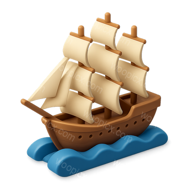 3D Ship Icon with Sails and Waves