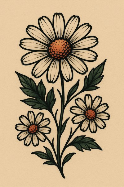 Artistic Illustration of Daisies with Detailed Leaves