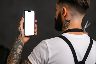 Tattooed Barber Holding a Phone in Dynamic Shot