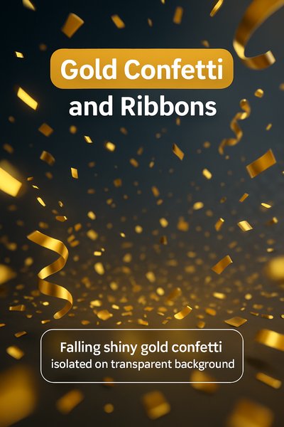 Gold Confetti and Ribbons on Transparent Background