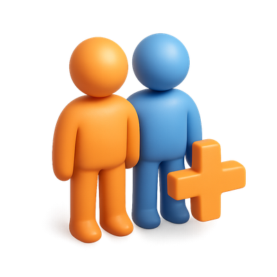 Stylized 3D Icon of Two People with Plus Sign