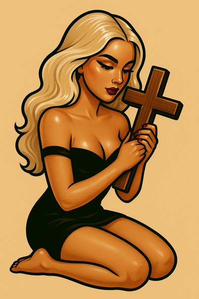 Stylized Illustration of a Girl Holding a Cross in Prayer