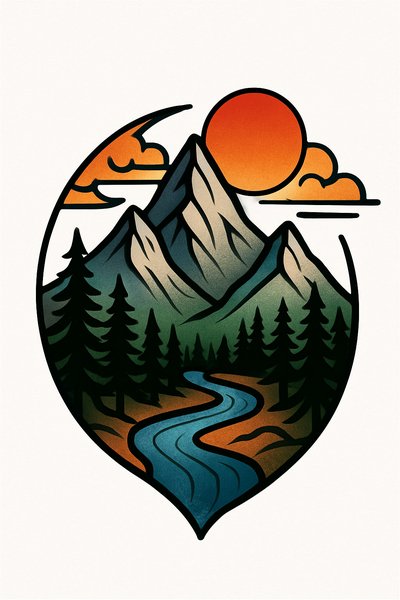 Stylized Mountain Landscape Illustration with River and Sunset