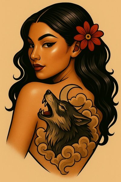 Stylized Tattoo of a Girl with a Wolf and Moon