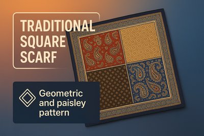 Elegant Traditional Square Scarf with Geometric and Paisley Patterns
