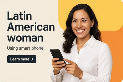Smiling Latin American Woman Using Smartphone in Modern Design