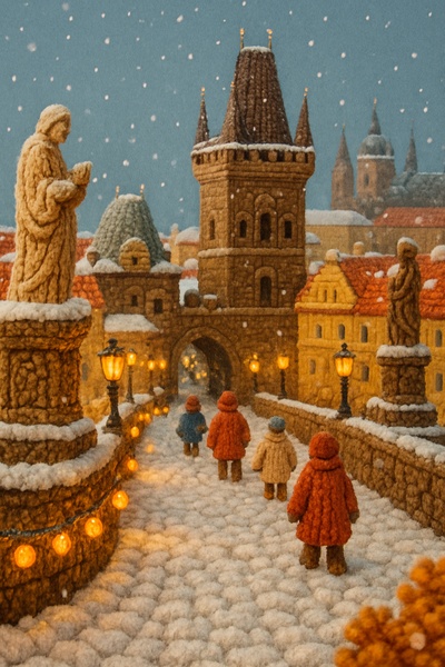 Winter Prague Scene Crafted from Yarn in 3D