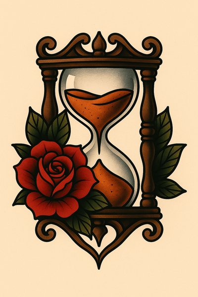 Tattoo-style illustration of an hourglass with a rose