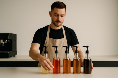 Stylish Barista Arranging Syrups in Minimalist Setting