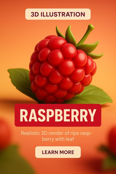 3D Illustration of a Realistic Raspberry with Leaf