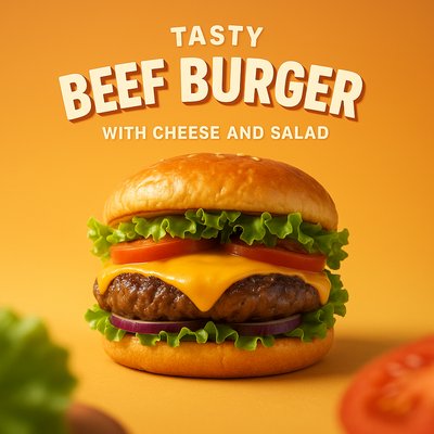 Delicious Beef Burger with Cheese and Salad on Vibrant Background