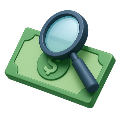 3D Magnifying Glass Over Banknote Icon
