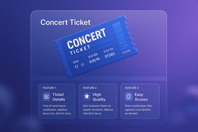 3D Concert Ticket Design with Features Overview