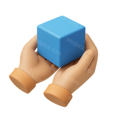 3D Hands Holding a Blue Cube Icon in Isometric View