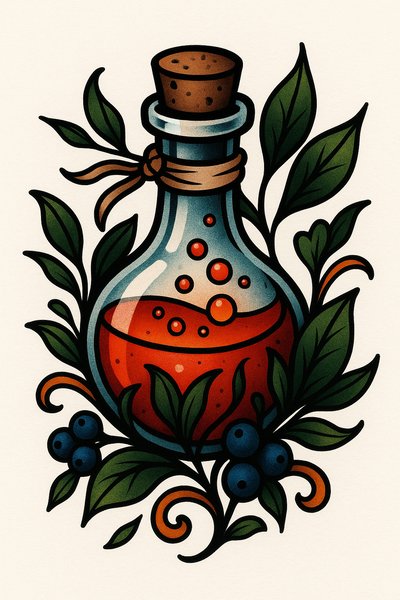 Artistic Illustration of a Potion Bottle with Botanical Elements