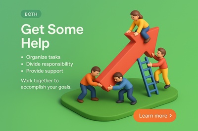 3D Scene of Miniature People Helping Each Other with a Growth Arrow