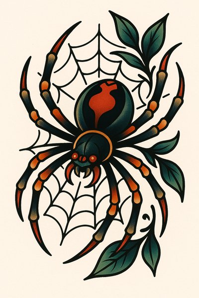 Colorful Spider Illustration with Web and Leaves