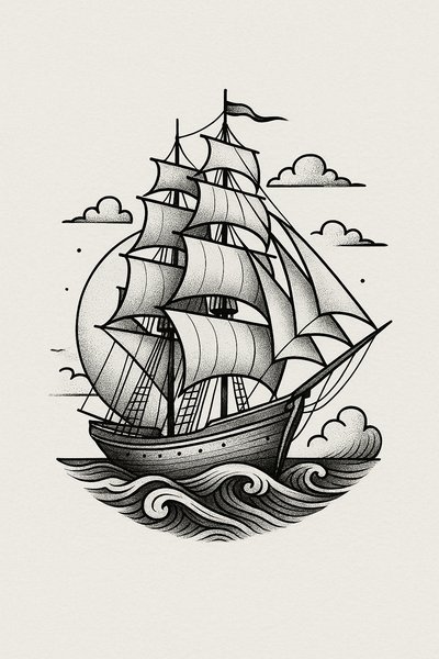 Detailed Vintage Ship Illustration with Clouds and Waves