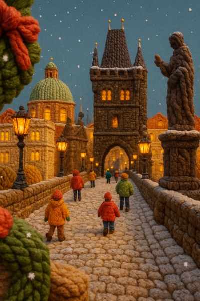 Winter Prague Scene Crafted from Yarn