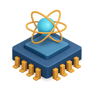 3D Quantum Chip Icon with Atom Model