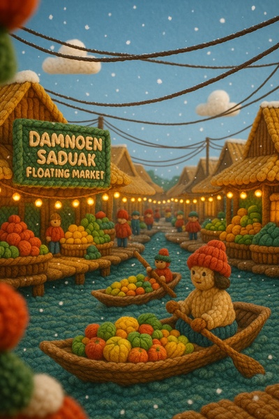 Colorful Woolen Floating Market Scene in Thailand