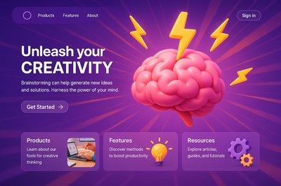 Dynamic Brainstorming Landing Page Design with 3D Brain Illustration