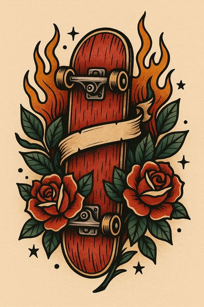 Tattoo Style Skateboard with Roses and Flames Artwork