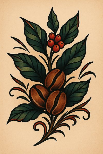 Stylized Coffee Plant Illustration with Beans and Leaves