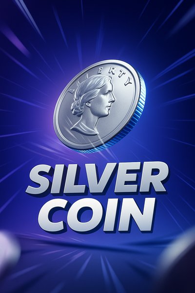 Dynamic Silver Coin Illustration with Bold Typography