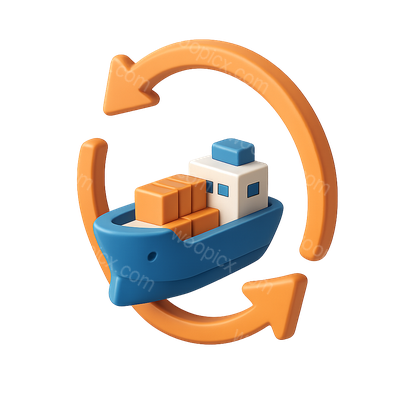 Stylized 3D Ship Icon with Arrows in Isometric View